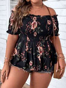 SHEIN LUNE 大碼印花一字肩荷葉邊下擺襯衫 - 黑色 - 查看 8