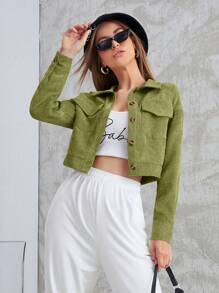Mulvari Flap Pocket Button Front Crop Corduroy Jacket - Green - View 5