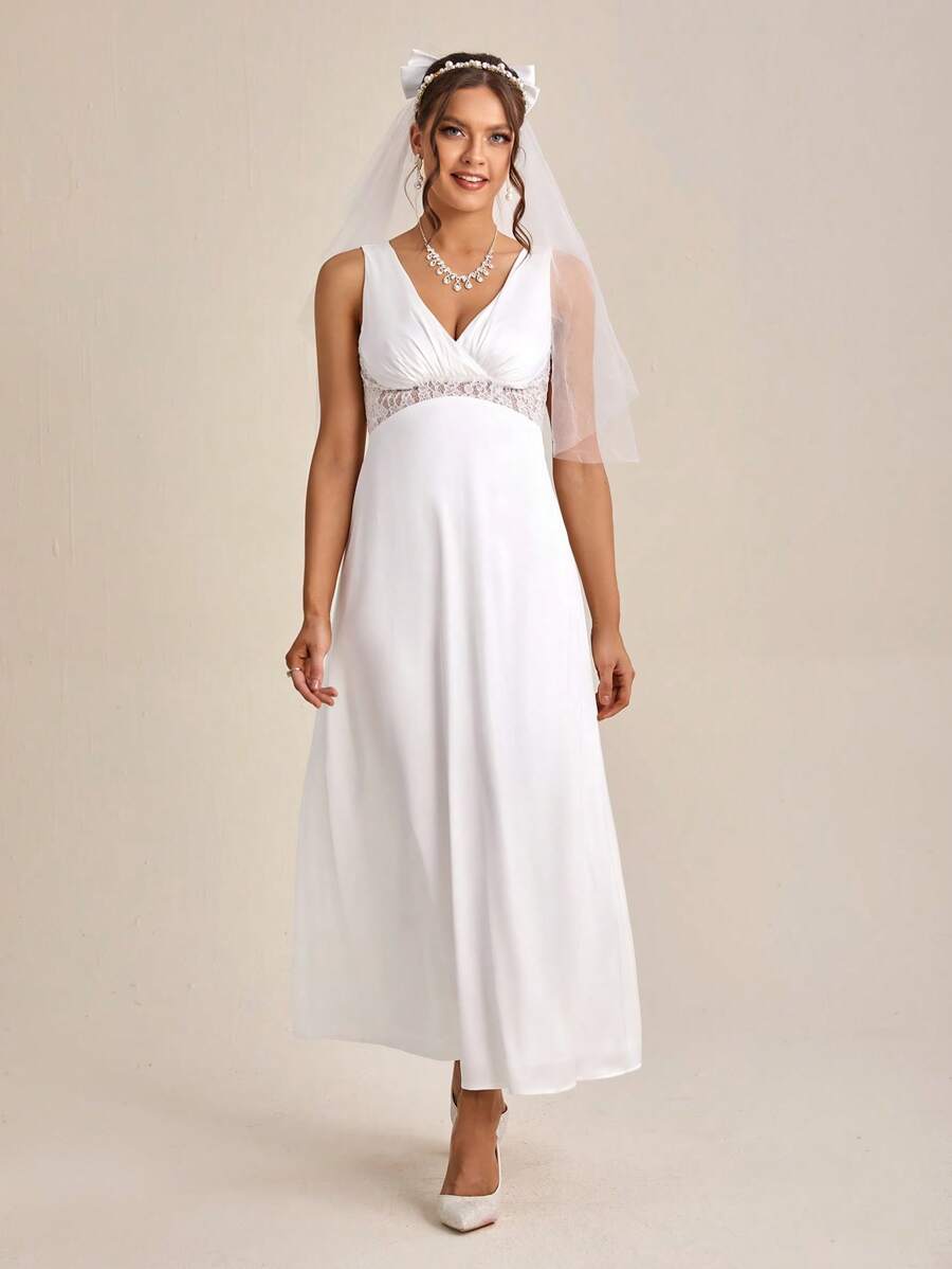 SHEIN Belle Guipure Lace Insert Solid Wedding Dress