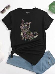 SHEIN LUNE Floral & Cat Print Tee - Black - View 1