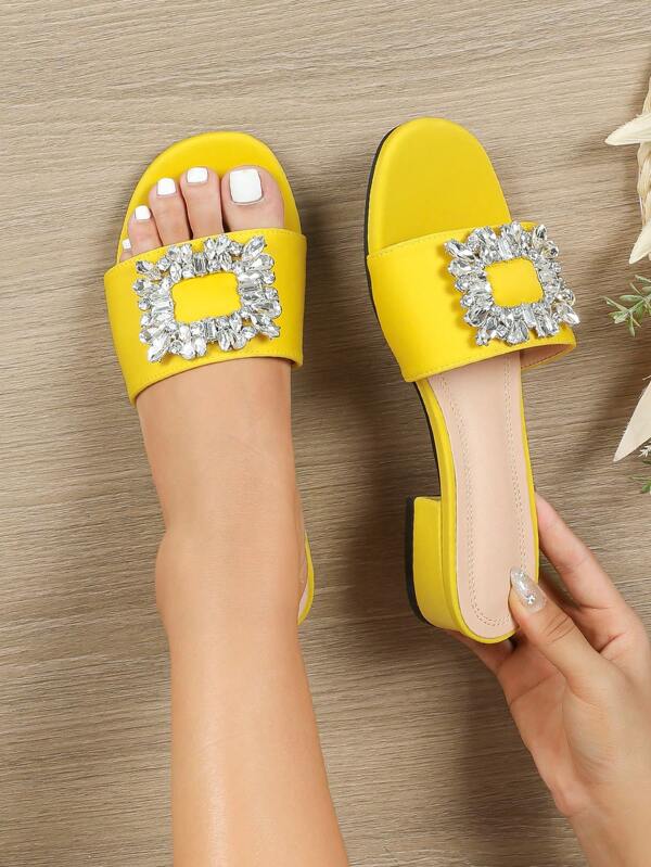 Women Rhinestone Decor Flat Sandals, Glamorous Yellow Summer Slide Sandals SHEIN USA