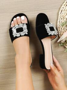 Women's Rhinestone Decor Flat Slide Sandals With Thick Strap - Black - View 2
