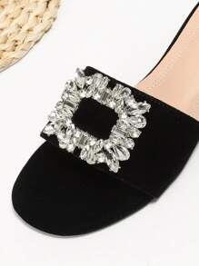 Women's Rhinestone Decor Flat Slide Sandals With Thick Strap - Black - View 4