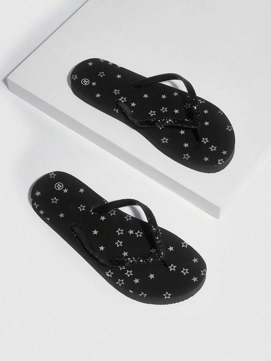 Grefit Star Printed Flat Home Beach Flip Flops (Random Solid/Hollow Star Pattern, Slight Paint Smear On Printed Pattern Is Normal) Back To School Shoes College Student Shoes Spring Shoes Spring Break Easter For Casual Beach Style For Christmas Beach Outfit - Black - View 1