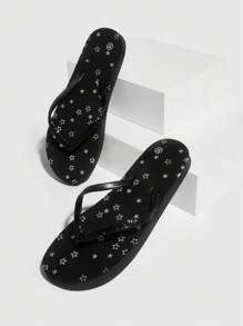 Grefit Star Printed Flat Home Beach Flip Flops (Random Solid/Hollow Star Pattern, Slight Paint Smear On Printed Pattern Is Normal) Back To School Shoes College Student Shoes Spring Shoes Spring Break Easter For Casual Beach Style For Christmas Beach Outfit - Black - View 4