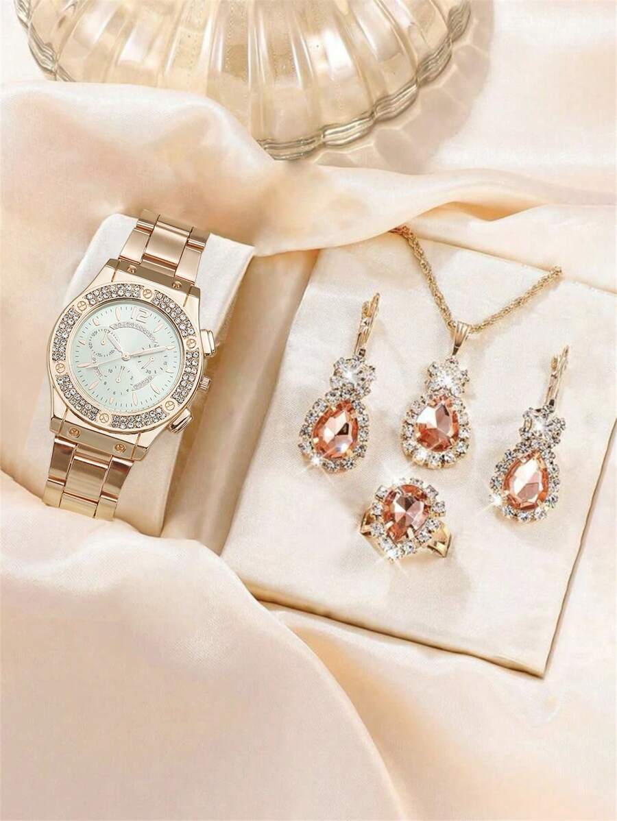 1pc Rhinestone Decor Quartz Watch & 4pcs Jewelry Set - Rose Gold - View 1