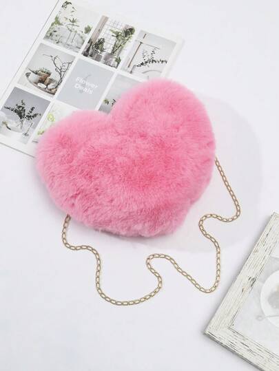 Valentine's Day Special: Heart-Shaped Plush Shoulder Bag, With Chain Crossbody Bag And Cute Zipper Wallet! Novelty Pink Heart-Shaped Design, Plush Minimalist Pink Valentine's Day New Women Plush Bag