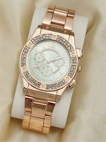 1pc Rhinestone Decor Quartz Watch & 4pcs Jewelry Set - Rose Gold - View 2