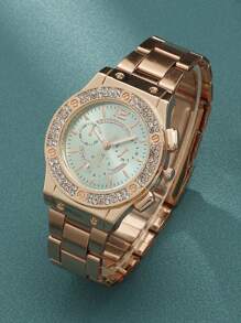1pc Rhinestone Decor Quartz Watch & 4pcs Jewelry Set - Rose Gold - View 4