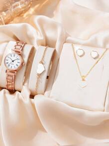 Đồng hồ đeo tay thạch anh hình tròn 1 chiếc & Bộ trang sức trang trí hình trái tim 4 chiếc - Hoa hồng vàng - Xem 1