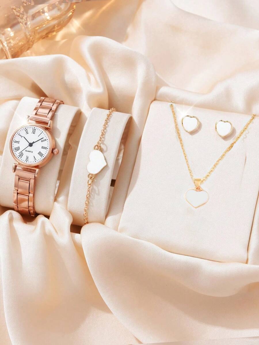 Đồng hồ đeo tay thạch anh hình tròn 1 chiếc & Bộ trang sức trang trí hình trái tim 4 chiếc - Hoa hồng vàng - Xem 1