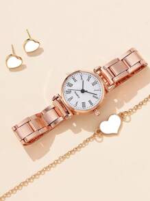 Đồng hồ đeo tay thạch anh hình tròn 1 chiếc & Bộ trang sức trang trí hình trái tim 4 chiếc - Hoa hồng vàng - Xem 3