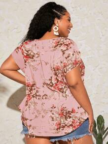 SHEIN CURVE+ 大碼印花花瓣袖襯衫 - 淺粉色 - 查看 2