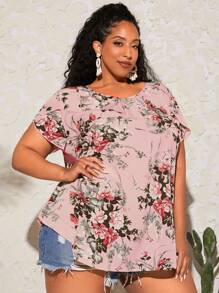 SHEIN CURVE+ 大碼印花花瓣袖襯衫 - 淺粉色 - 查看 6