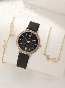 1入組水鑽裝飾圓形指針石英手錶和2入組首飾套裝 - 黑色 - 查看 1