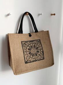 Túi mua sắm trung bình Mô hình hình học Kỳ nghỉ - Màu Khaki - Xem 1