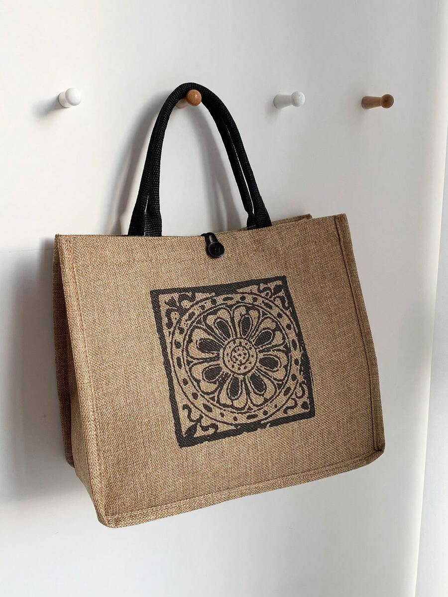 Túi mua sắm trung bình Mô hình hình học Kỳ nghỉ - Màu Khaki - Xem 1