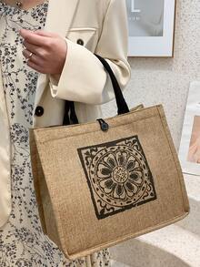 Túi mua sắm trung bình Mô hình hình học Kỳ nghỉ - Màu Khaki - Xem 2