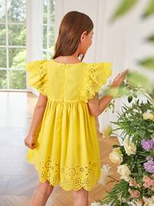 SHEIN Girls Eyelet Embroidery Ruffle Trim Scallop Trim Dress
