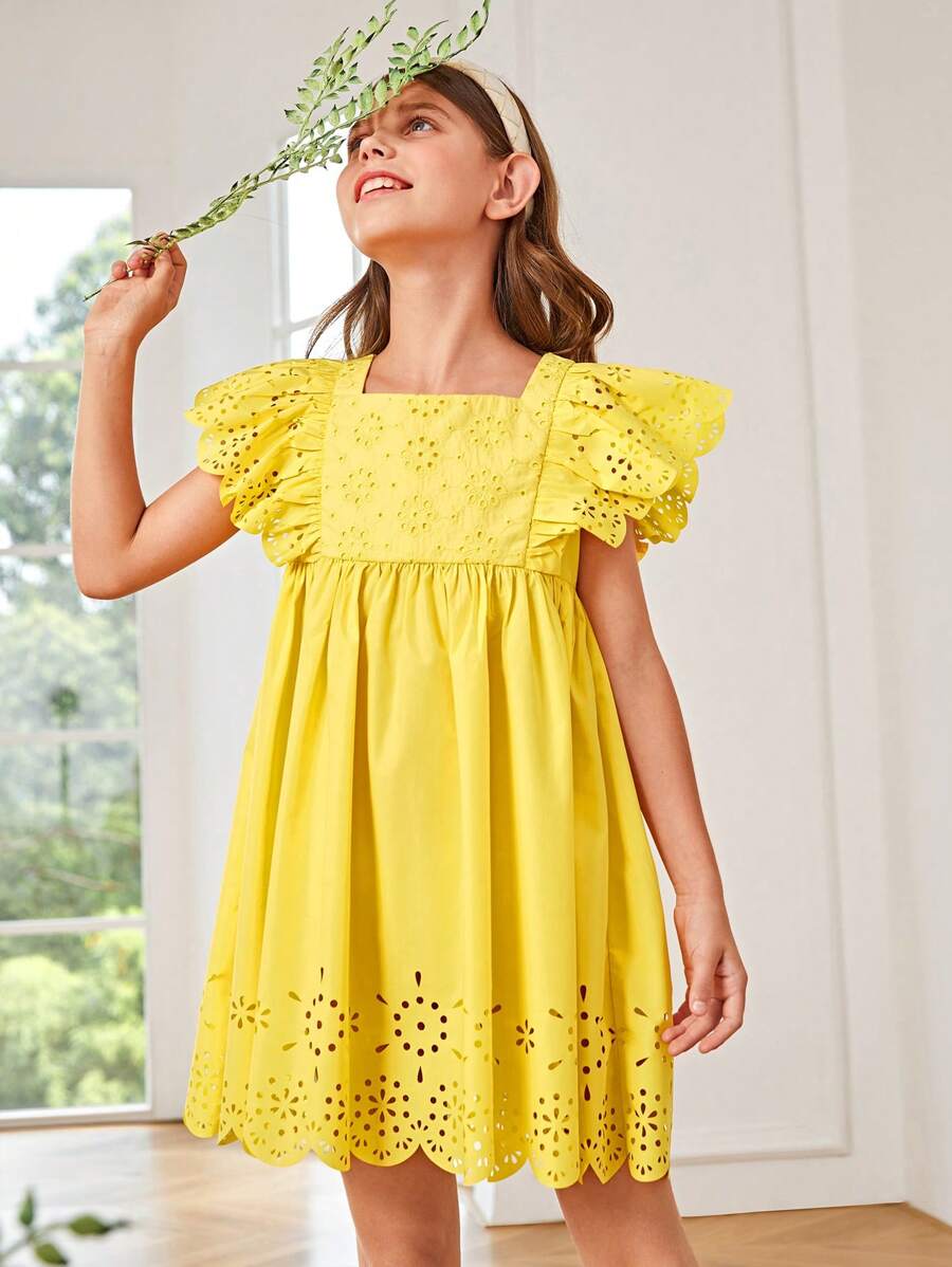 SHEIN Girls Eyelet Embroidery Ruffle Trim Scallop Trim Dress