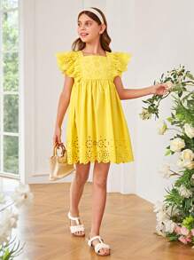 SHEIN Girls Eyelet Embroidery Ruffle Trim Scallop Trim Dress
