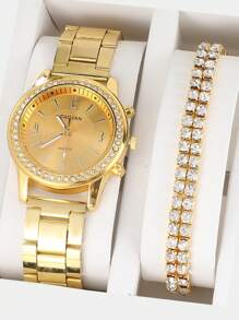 Đồng hồ thạch anh trang trí bằng đá thạch anh 1 cái & Vòng đeo tay 1 cái - Vàng - Xem 1