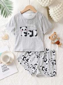 Tween Girl Panda & Slogan Graphic Tee & Shorts - Grey - View 1