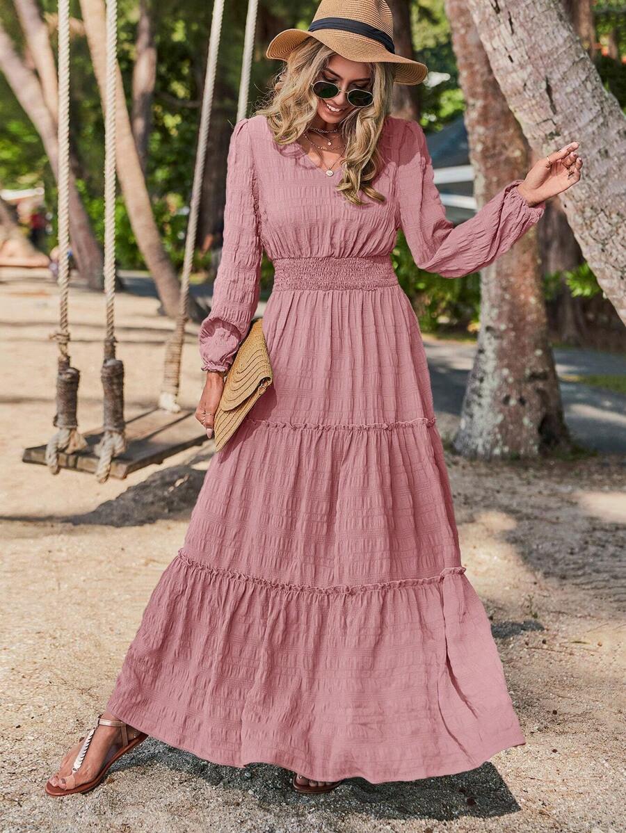 SHEIN LUNE Vestido línea A unicolor bajo con fruncido - Rosa vieja - Ver 1