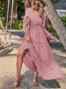 SHEIN LUNE Vestido línea A unicolor bajo con fruncido - Rosa vieja - Ver 4