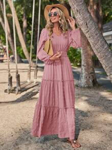 SHEIN LUNE Vestido línea A unicolor bajo con fruncido - Rosa vieja - Ver 5