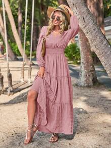 SHEIN LUNE Vestido línea A unicolor bajo con fruncido - Rosa vieja - Ver 6