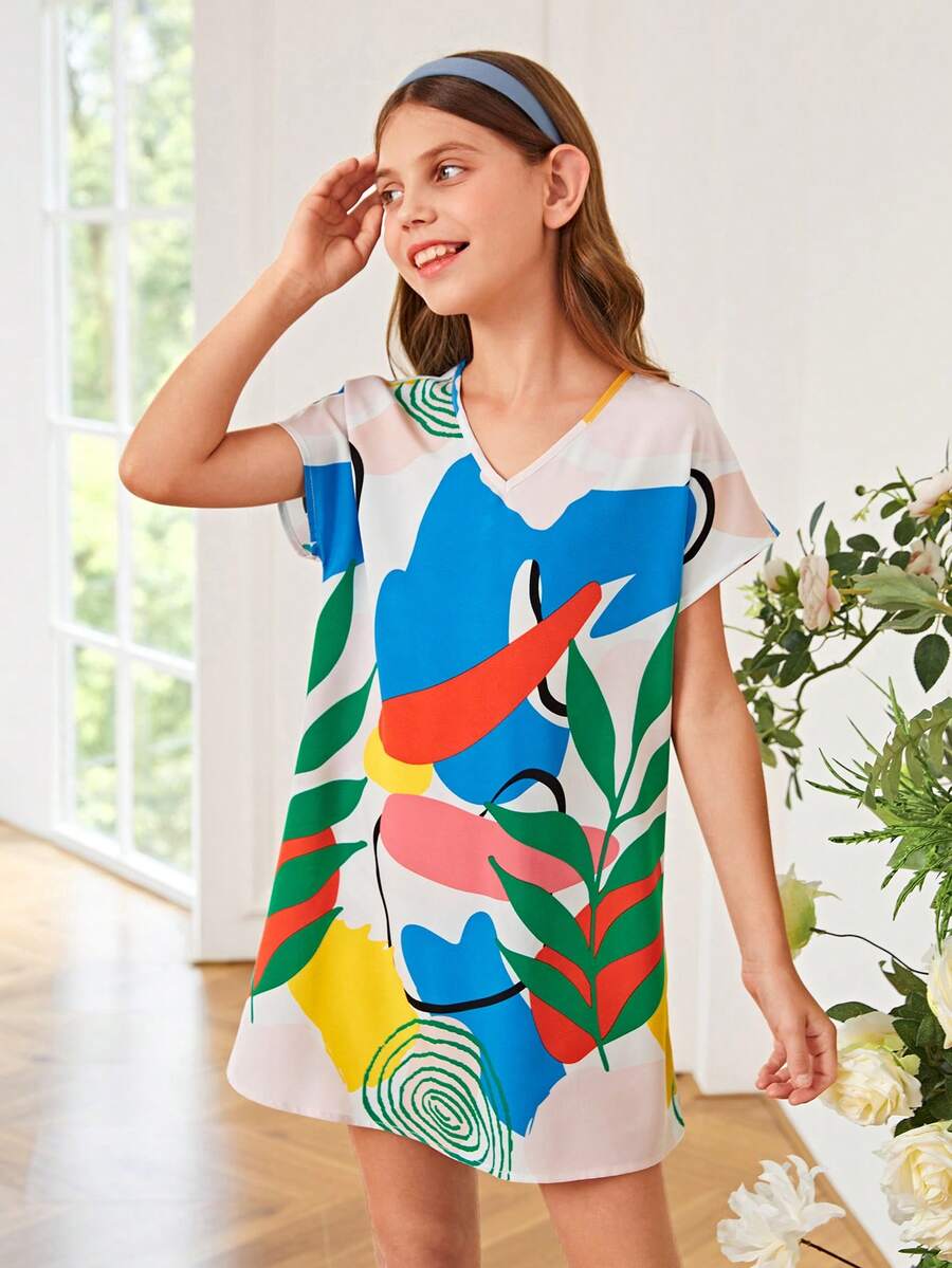 SHEIN Girls Plants Print Batwing Sleeve Tunic Dress - Multicolor - View 1