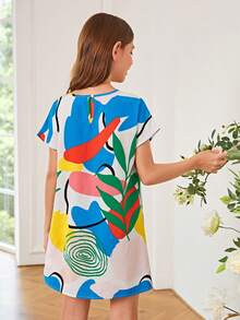 SHEIN Girls Plants Print Batwing Sleeve Tunic Dress - Multicolor - View 2