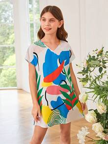 SHEIN Girls Plants Print Batwing Sleeve Tunic Dress - Multicolor - View 3