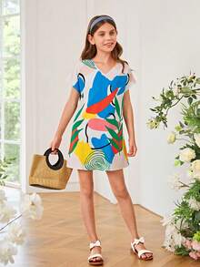 SHEIN Girls Plants Print Batwing Sleeve Tunic Dress - Multicolor - View 4