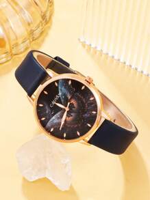 1入組女士藍色PU聚氨酯帶裝飾蝴蝶樣式圓形錶盤石英表和4入組首飾類適用於日常生活 - 藍色 - 查看 2