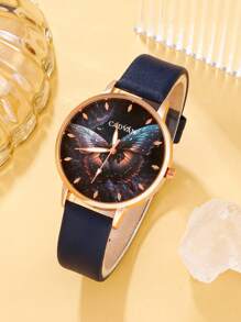 1入組女士藍色PU聚氨酯帶裝飾蝴蝶樣式圓形錶盤石英表和4入組首飾類適用於日常生活 - 藍色 - 查看 4