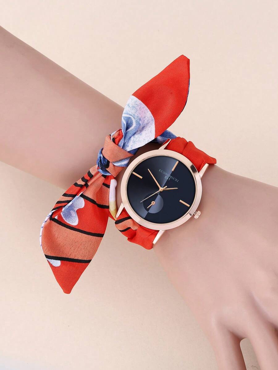 ECONOMICXI 印花圍巾帶石英表 - 紅色 - 查看 1