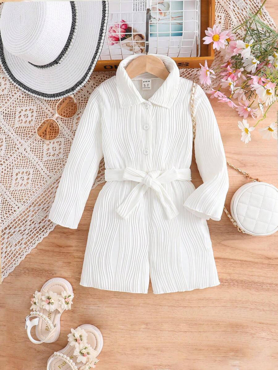 SHEIN 小女童前紐扣腰帶襯衫連體短褲 - 白色 - 查看 1
