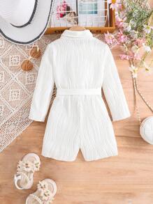 SHEIN 小女童前紐扣腰帶襯衫連體短褲 - 白色 - 查看 2