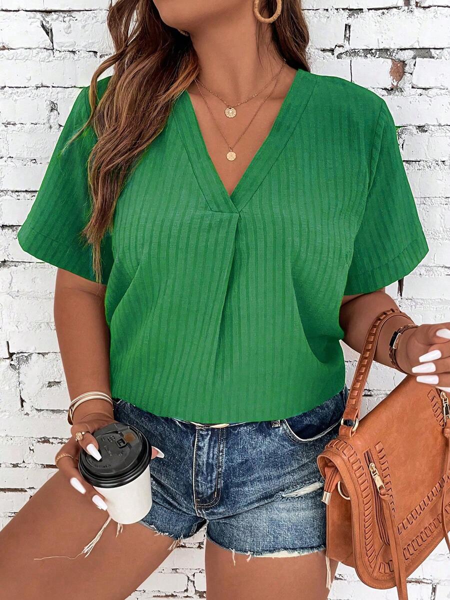 SHEIN LUNE 大碼素色V領襯衫 - 綠色 - 查看 1