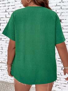 SHEIN LUNE 大碼素色V領襯衫 - 綠色 - 查看 2