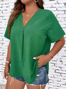 SHEIN LUNE 大碼素色V領襯衫 - 綠色 - 查看 3