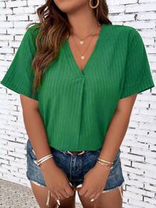 SHEIN LUNE 大碼素色V領襯衫 - 綠色 - 查看 5