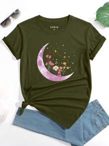 SHEIN LUNE Moon And Floral Print Tee - Army Green - View 1