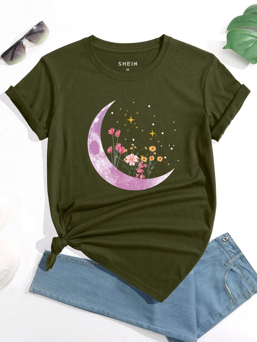SHEIN LUNE Moon And Floral Print Tee - Army Green - View 1