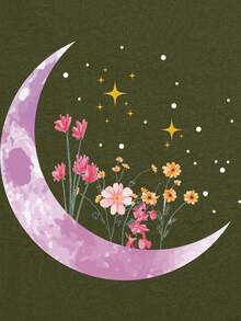 SHEIN LUNE Moon And Floral Print Tee - Army Green - View 5