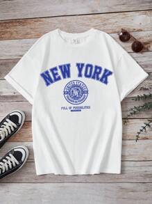 Teen Girls' Slogan Printed Drop Shoulder T-Shirt, Suitable For Summer Daily Wear