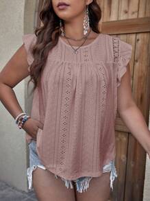 SHEIN LUNE Plus Eyelet Embroidery Ruffle Trim Curved Hem Schiffy Tee - Dusty Pink - View 1