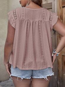 SHEIN LUNE Plus Eyelet Embroidery Ruffle Trim Curved Hem Schiffy Tee - Dusty Pink - View 2